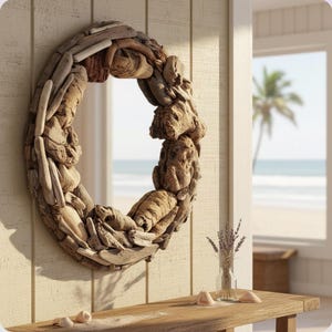Driftwood Mirror with Shell Decor: Coastal Beach Wall Art