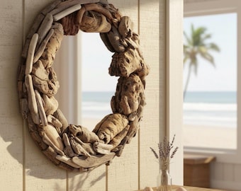Driftwood Mirror with Shell Decor: Coastal Beach Wall Art