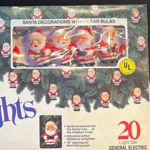 Colorful Vintage Santa Lights, GE String a Long Retro Christmas Decor, 20 Light Up Santa Claus Christmas Tree Lights, Cute Kitschy Holiday