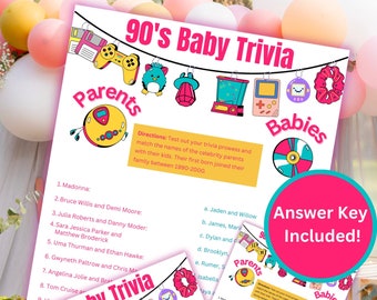 Fun Baby Shower Game | Baby Shower Trivia Game | Baby Shower Matching Game | 90s Baby Shower Game | Baby Trivia | Matching Game & Answer Key