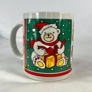 Vintage Adorable Christmas Bear Mug, Festive Holiday Ceramic Mug, Retro Teddy Bear with Gift Design Coffee Mug, Houston Foods Hot Cocoa Cup