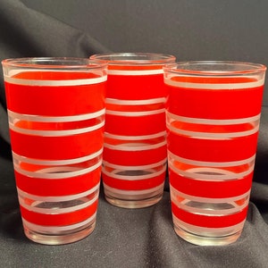 Vintage Hazel Atlas Red Striped Glass, Set of Three Mod Drinking Glasses, Mid Century Modern Lemonade Glass, Retro Ice Tea Tumbler Picnic