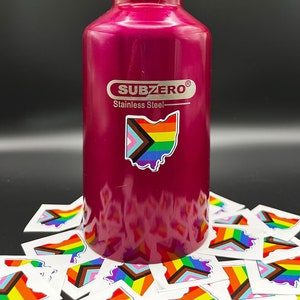 May include: A pink stainless steel water bottle with a black lid and a sticker of the Progress Pride flag in the shape of the state of Ohio. The bottle has the text "SUBZERO® Stainless Steel" on it. The bottle is surrounded by several smaller stickers of the Progress Pride flag.