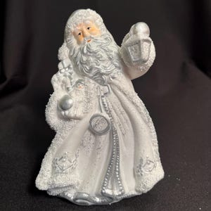 Vintage Sparkly Santa Claus Figure Holding Lamp, K&#39;s Collection Silver and White Santa, Bright White Robed Santa with Silver Details