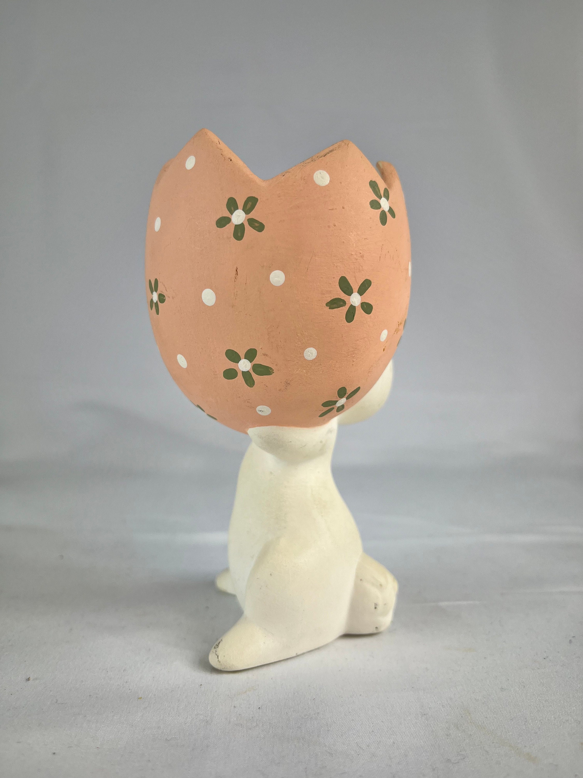 Kitschy Rabbit Holding Pink Egg Figurine, Vintage Bunny Planter, Art