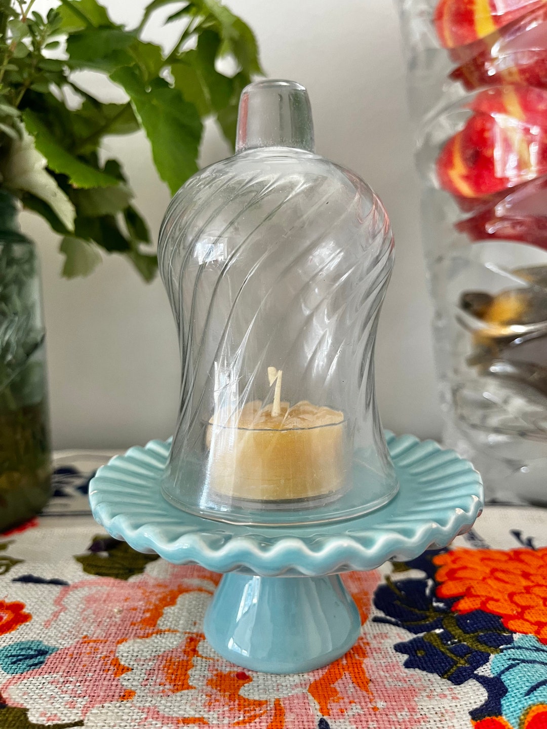 Vintage Glass Cloche and Modern Tea Light Holder Home Decor, Glass Dome Housewarming Gift, Mini