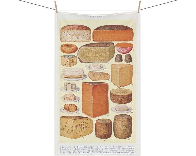 Cheese Lover Tea Towel, Cheese Kitchen Decor, Decorative Towel with Different Cheeses, Funny Cheese Party Decor, Cute Vintage Cheese Print