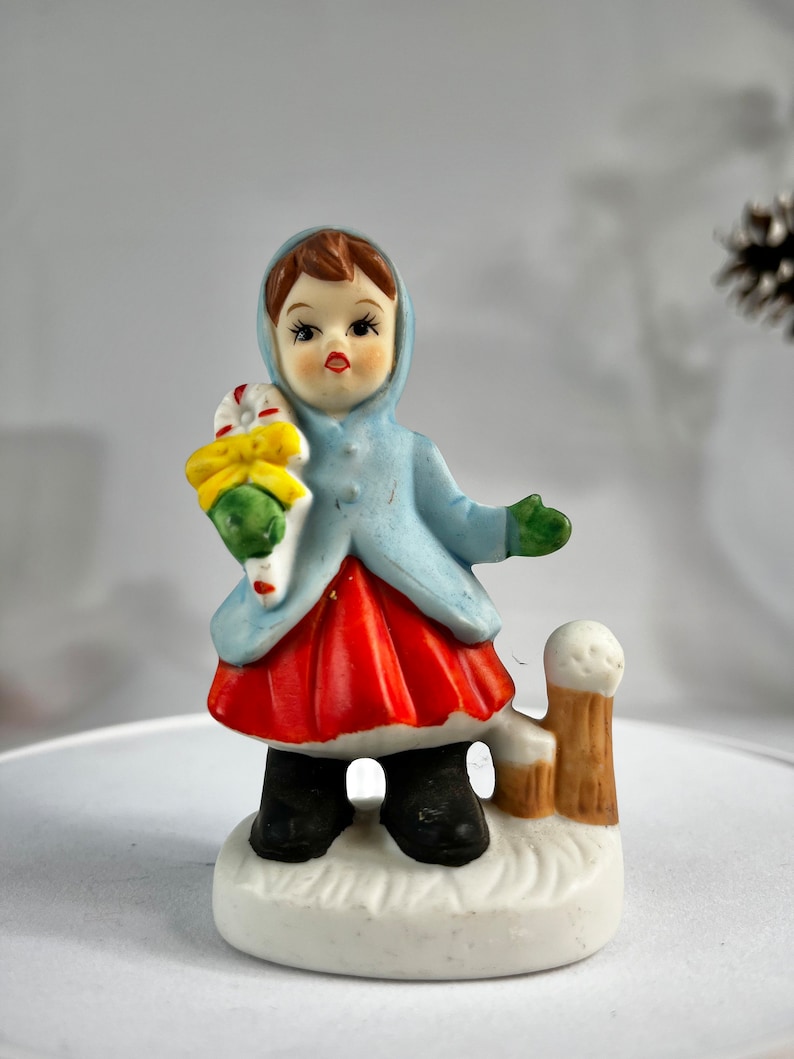 Vintage Napco Girl With Candy Cane, Napcoware Figurine in Snow