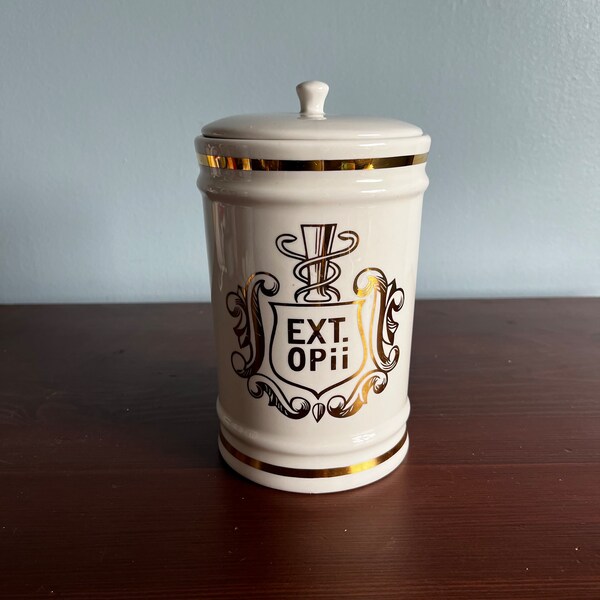 Owens Illinois Vintage Ceramic Apothecary Jar Drugstore Pharmacy Display Container, Cream and Gold EXT OPii Gift for Pharmacist Collectible