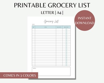 Printable Grocery List, Shopping List, Grocery Planner, Digital Download