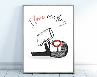 Könnte beinhalten: Eine Schwarzweißillustration einer Person, die sich hinlegt und ein Buch liest. Die Person trägt eine Brille und hat langes Haar. Der Text "Ich liebe Lesen" ist in Rot über der Person geschrieben.