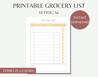 Printable grocery List, Shopping list download, Supermarket planner print