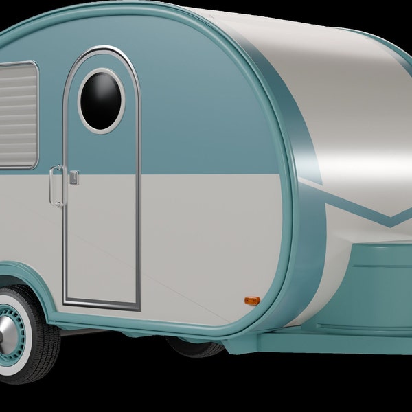 Rendered 3D model of a teardrop camper for print and digital media. Included are 5 high resolution images of varied angles.