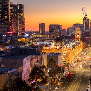 Melbourne City Skyline Photo, Victoria, Flinders Street and Melbourne Landmarks, City Sunset Wall Art