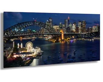 Sydney Harbour Bridge en skyline van de stad &#39;s nachts fine art foto, New South Wales, iconische Sydney Landmarks Wall Art Print