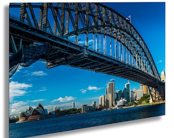 May include: A low-angle view of the Sydney Harbour Bridge, a large steel arch bridge, spanning across the water. In the background, the Sydney Opera House and a city skyline with various skyscrapers are visible under a clear blue sky.