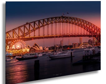Harbour Bridge en Opera House Sunset Fine Art Photo, New South Wales, iconische muurafdruk bezienswaardigheden Sydney