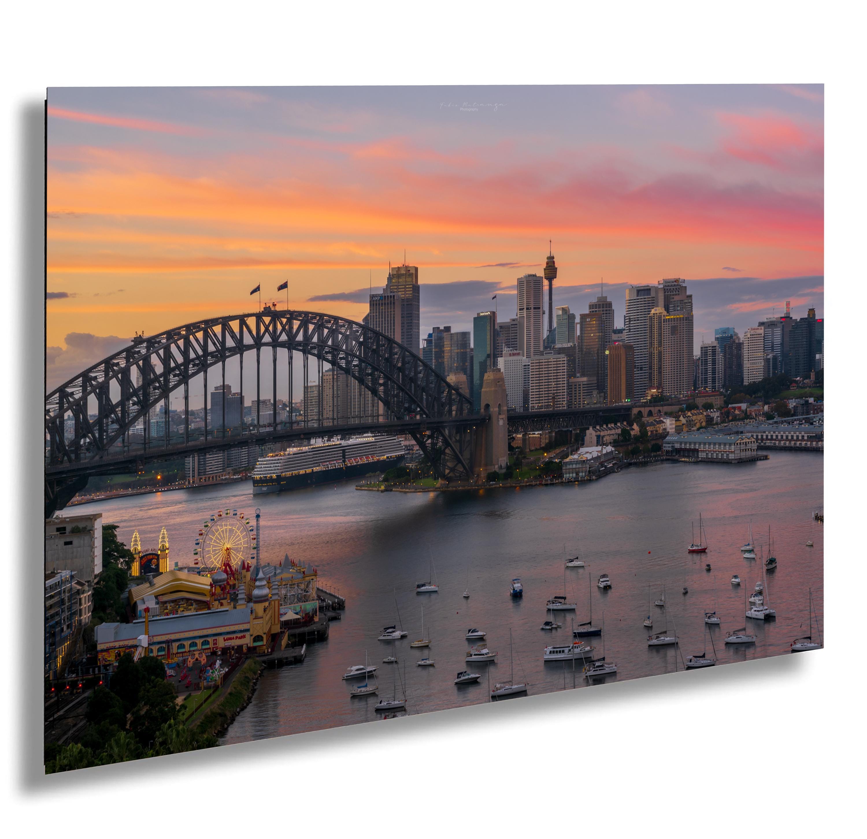 Sydney Harbour Sunrise Fine Art Photo, New South Wales, Harbour Bridge en Luna Park Wall Art Print, prachtige zonsopgang boven de bezienswaardigheden van Sydney