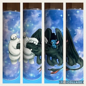Custom Baymax, Toothless, Stitch in the Stars Travel Mug Tumbler Cup 20oz Skinny Tumbler - Galaxy Starry Night - Coffee Lover