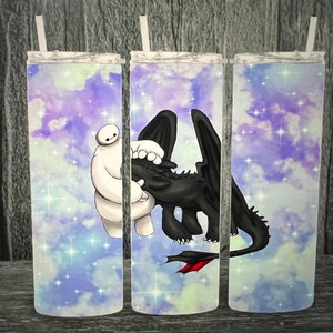 May include: Three stainless steel tumblers with lids and straws. Each tumbler features a design of a black dragon and a white robot hugging against a purple and blue cloudy background with sparkling stars.