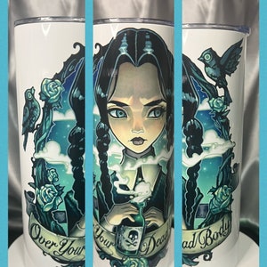 Wednesday Addams travel mug.  Stainless steel tumbler with leakproof lid and straw for coffee, soda, pop, drink lovers.
