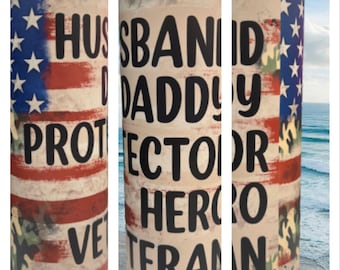 Father’s Day travel mug.  Gift for husband daddy protector.  Veteran stainless steel tumbler with leakproof lid and straw.