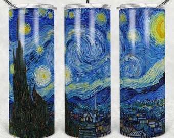 Tazza da viaggio Notte stellata. Bicchiere personalizzato in acciaio inossidabile da 20 once o 30 once. Cielo notturno, luce delle stelle, Van Gogh, opera d'arte per gli amanti del caffè.