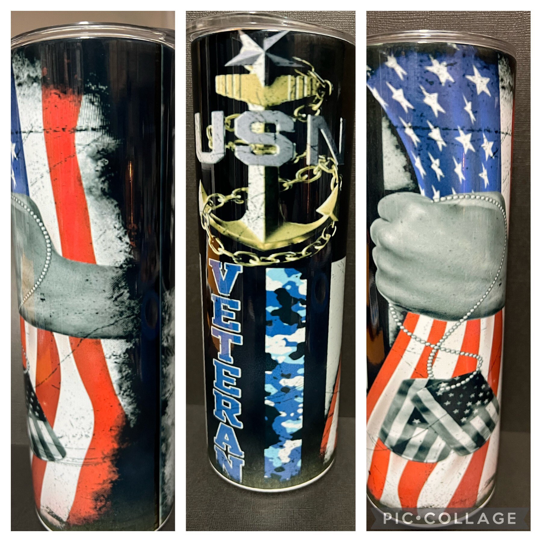 US Navy Veteran travel mug.  Custom stainless steel 20oz or 30oz tumbler.  Flag, anchor, dog tags, sailor.