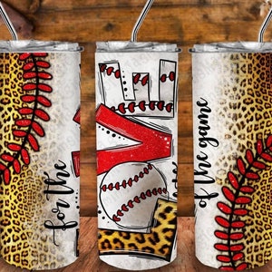 May include: Three stainless steel tumblers with a baseball theme. The tumblers feature a red and white baseball, a baseball glove, and a baseball stitch design. The tumblers are decorated with a leopard print and the text "Love of the game" and "For the game".