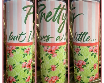 Pretty but I Cuss a Little  travel mug.  Classy floral stainless steel tumbler, leakproof lid, & straw.