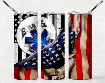 EMS, EMT, Paramedic, Star of Life travel mug.  Custom stainless steel 20oz or 30oz tumbler with leakproof lid and straw.