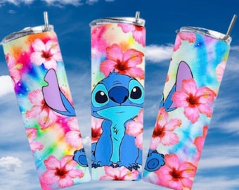 Alien travel mug.  Stitch, flowers, tropical stainless steel tumbler with leakproof lid and straw.  Gift for LILO and Stitch lover.