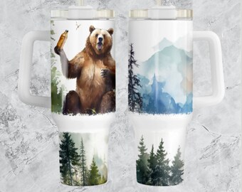 Urso bebendo, urso na floresta com caneca de viagem de cerveja. Copo de aço inoxidável de 40 onças para extinção de floresta, com tampa e canudo à prova de vazamentos.