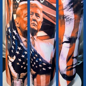 President Trump travel mug. Donald Trump 45 stainless steel tumbler with leakproof lid and straw. American flag. Former President.