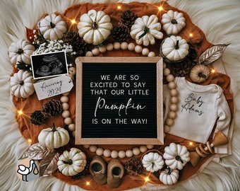 May include: A pregnancy announcement with a chalkboard sign that reads "We are so excited to say that our little Pumpkin is on the way!"  The sign is surrounded by white pumpkins, pine cones, wooden beads, and a baby onesie that says "Baby Adams".
