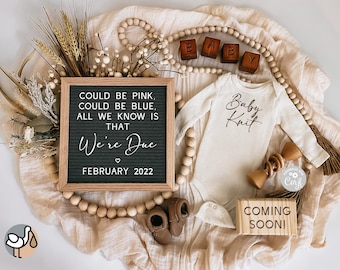 Può includere: Un annuncio di nascita di genere neutro con un pannello di lettere che recita "COULD BE PINK, COULD BE BLUE, ALL WE KNOW IS THAT We're Due FEBRUARY 2022". C'è un body bianco con la scritta "Baby Knit" su di esso, blocchi di legno che compongono la parola "BABY", un sonaglio di legno e un blocco di legno che dice "COMING SOON!"