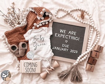 May include: A baby announcement with a white onesie that says "Baby Green" on it, a letter board that says "We are expecting! Due January 2023", wooden blocks that spell "Baby", and a wooden sign that says "Coming Soon!"