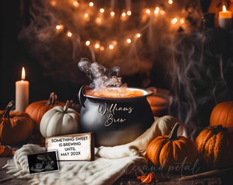 Redigerbart Halloween-graviditetsmeddelande: Pumpkins Cauldron Sonogram (digitalt)