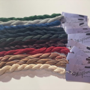 Puede incluir: Una colección de hilos de bordar coloridos en tonos verdes, azules, rojos y marrones. Los hilos están dispuestos en paquetes ordenados, con etiquetas que dicen "Wildflowers by Caron". La imagen está bien iluminada, mostrando los colores vibrantes de los hilos.