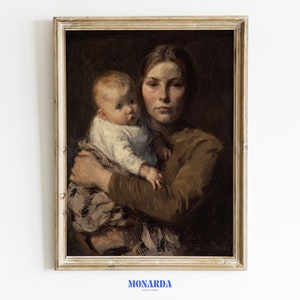 Frau mit Kind Moody Portrait | Stimmungsvolles Ölgemälde | Dark Academia Dekor | Dunkle Wandkunst