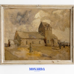 Church Painting | Light Academia Decor | Studio McGee Art | Vintage Oil Painting | French Country Artwork | Countryside Art Print