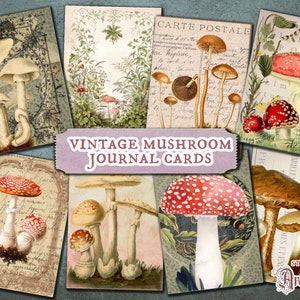 Cartes de visite imprimables numériques vintage champignons - champignons magiques éphémères numériques à téléchargement immédiat pour carnets indésirables, albums de scrapbooking et cadeaux