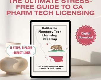 Könnte beinhalten: Ein digitales Tablet mit einem Leitfaden namens The Ultimate Stress-Free Guide to CA Pharm Tech Licensing. Der Bildschirm zeigt eine Karte von Kalifornien mit einem Bären, den Text California Pharmacy Tech Licensing Roadmap und 5 Steps, 5 Pages +Direct Links.