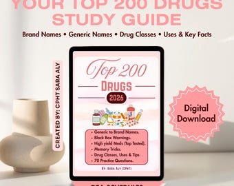 Könnte beinhalten: Ein digitaler Studienführer mit dem Titel Top 200 Drugs 2026 in einem rosa-weißen Farbschema. Das Cover zeigt verschiedene Medikamentenillustrationen, darunter Flaschen und Spritzen, sowie Text, der Lernthemen wie Gattungsnamen auflistet.