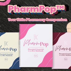 May include: Three spiral-bound mini notebooks titled PharmPop with the text Pharmtech Essentials in a Mini Notebook. The left notebook is cream with navy accents, the center is white with pink, and the right is light pink with dark red.