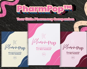 Könnte beinhalten: Drei spiralgebundene Mini-Notizbücher mit dem Titel PharmPop und dem Text Pharmtech Essentials in a Mini Notebook. Das linke Notizbuch ist cremefarben mit marineblauen Akzenten, das mittlere ist weiß mit Pink und das rechte ist hellrosa mit Dunkelrot.