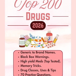 May include: A pink and white book cover titled "Top 200 Drugs 2026" with illustrations of various medicine bottles and a syringe. The cover includes bullet points listing topics such as "Generic to Brand Names" and "Black Box Warnings."