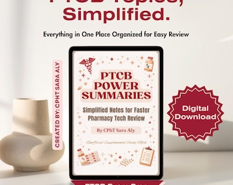 Könnte beinhalten: Ein digitales Tablet zeigt einen Studienleitfaden mit dem Titel PTCB POWER SUMMARIES, der mit Apothekensymbolen wie einem Caduceus und Pillendosen versehen ist. Der Bildschirm enthält den Text: Simplified Notes for Faster Pharmacy Tech Review.