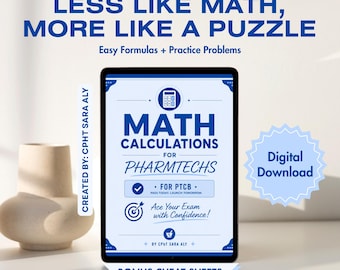 Könnte beinhalten: Ein digitales Tablet zeigt einen Studienführer mit dem Titel Math Calculations for PharmTechs, mit blauem Text auf weißem Hintergrund. Der Bildschirm enthält Symbole für einen Taschenrechner, ein Ziel sowie Mörser und Stößel.