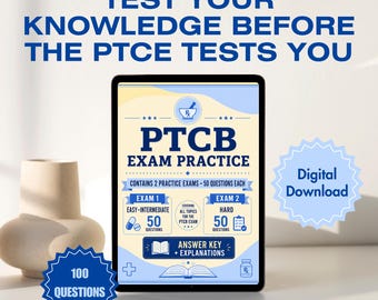 Könnte beinhalten: Ein Tablet zeigt einen PTCB-Prüfungsvorbereitungsleitfaden mit blauem Text auf cremefarbenem Hintergrund. Auf dem Bildschirm steht TEST YOUR KNOWLEDGE BEFORE THE PTCE TESTS YOU, PTCB EXAM PRACTICE, CONTAINS 2 PRACTICE EXAMS - 50 QUESTIONS EACH und DIGITAL DOWNLOAD.